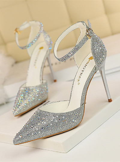 Shallow Pointed Hollow Shiny Rhinestone Sandals