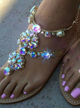 Bohemian Sandals Crystal Flat Heel Rhinestone 