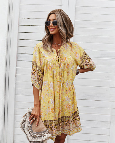 Women Print Short Sleeve Loose Dress