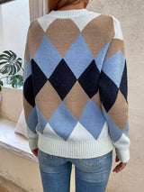 Pullover Diamond Pattern Contrast Sweater