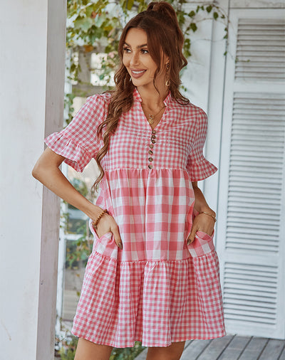 Plaid Stitching Pocket Dress