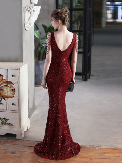 Mermaid V-neck Sequins Beading Party Dress