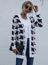 Houndstooth Print Long Sleeve Sweater Coat