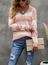 Loose Stitching V-neck Striped Sweater