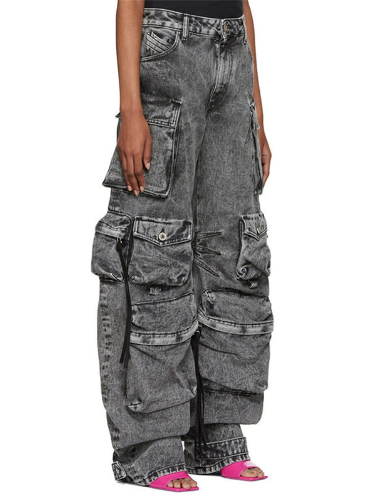 2023 Smoke-gray Stitching Multi-pocket Wide-leg Pants