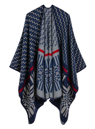 Cross Wavy Geometry Cashmere Shawl Cape