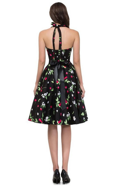 Black Cherry Print Halter Dress