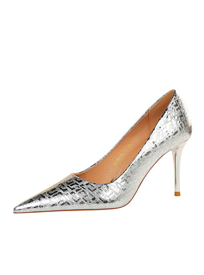 Shallow-pointed Metal Embossed High Heeled Shoes