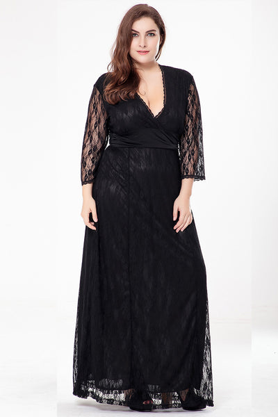 V-neck Black Hollow Three-quarter Sleeve Lace Dress