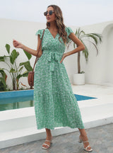 Floral V-neck Short Sleeve Printed Chiffon Dress