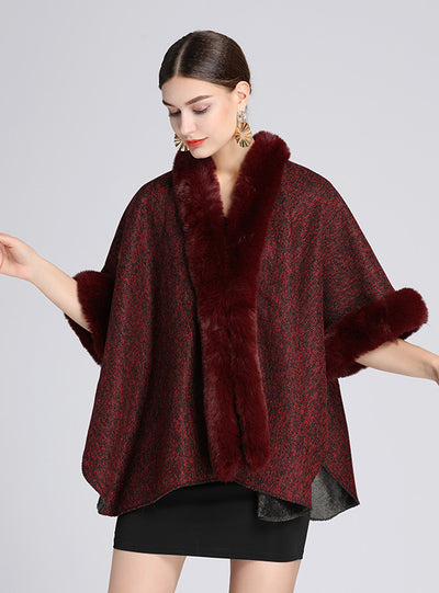 Fur-padded Faux Rex Rabbit Fur Collar Shawl Cape