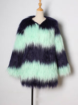 V Neck Faux Fur Coat Women's Middle Length Contrast Color
