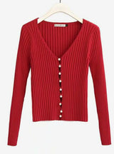 Woman Deep V-neck Long Sleeve Pearl Cardigan Sweater