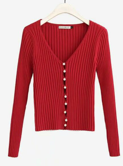 Woman Deep V-neck Long Sleeve Pearl Cardigan Sweater
