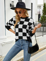 Loose Turtleneck Plaid Color Matching Sweater