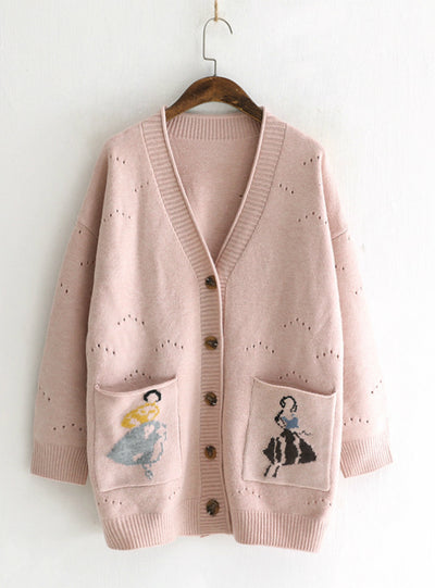 Women V Neck Cardigan Hollow Pocket Girl's Coat