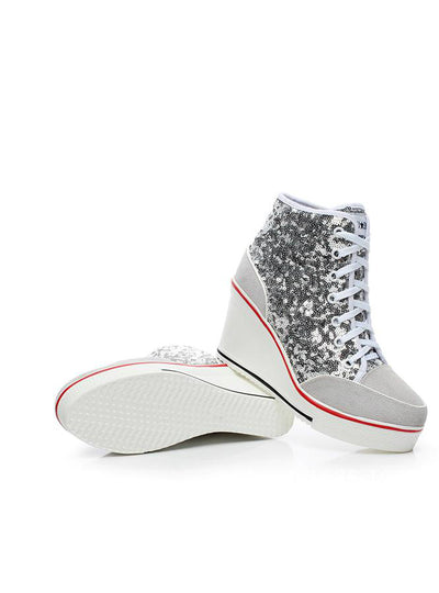 Wedges lace up Flats Ankle high top Sliver Canvas 
