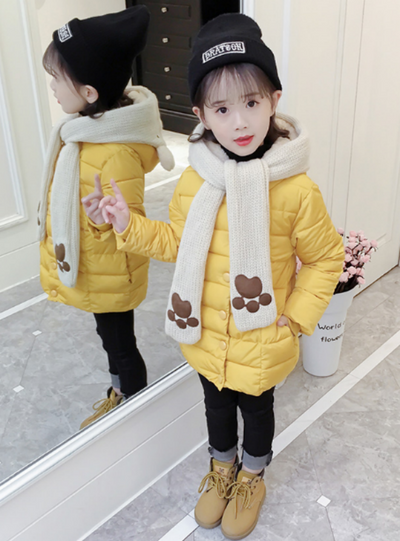 Thickened Girl's Cotton-Padded Jacket With Scarf