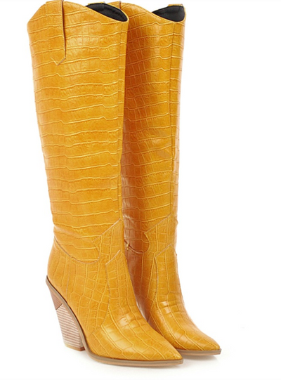 Embossed Wood Grain Fish Scale Pointed High Boots