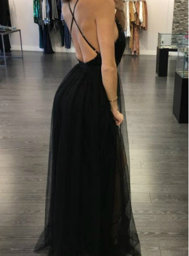 Sexy Deep V-neck Tulle Backless Prom Dress