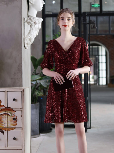 V-neck Short Sleeve Sequins Party Dress