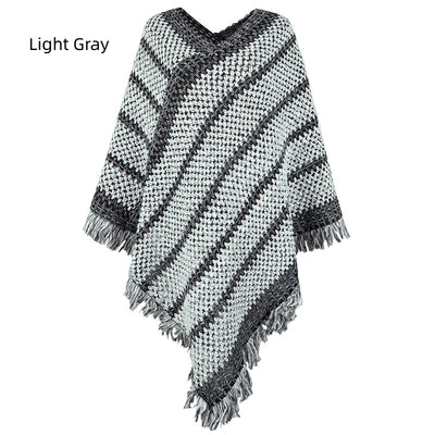 Contrast Striped Fringed Pullover Cape Shawl