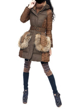 Women Down Jacket With Adjusted Belt Patchwork