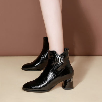 Rugged Pointed Leather Thick Heel Women's Boots