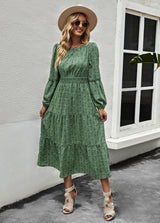 Printed Lantern Sleeve Round Neck Dress