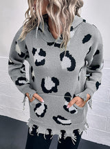 Leopard Print Hooded Holes Sweater