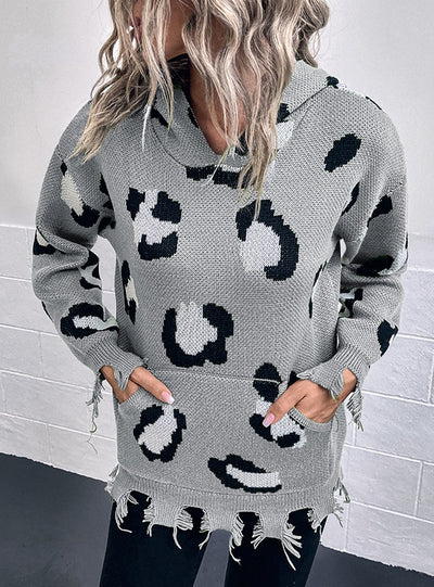 Leopard Print Hooded Holes Sweater