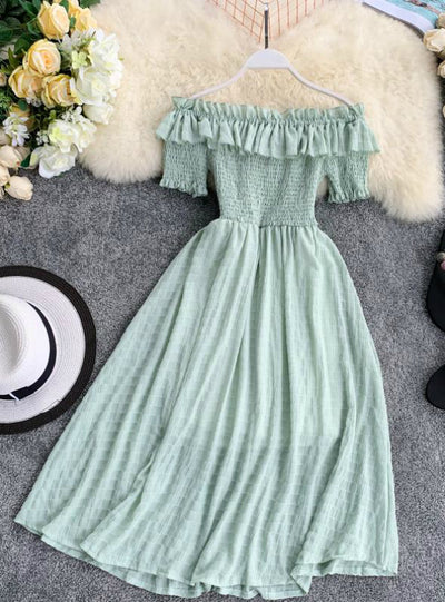 Plaid Slash Neck Off Shouder Solid Summer Dresses