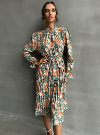 Trumpet Sleeve Floral Long Sleeve Dress
