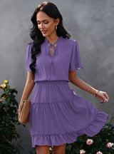 V-neck Silm Waist Ruffled Dress