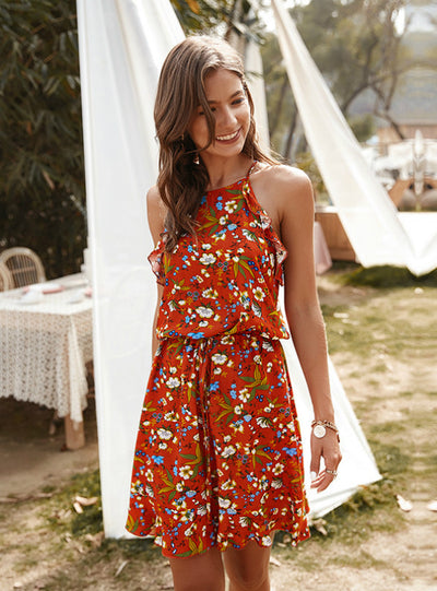 Casual Sleeveless Ruffles Above Knee Mini Floral Dress