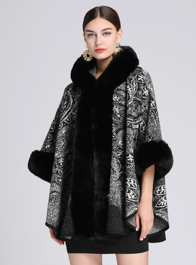 Women Collar Jacquard Hooded Shawl Cloak