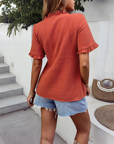 Short Sleeves Wooden Ears Cotton Blouse