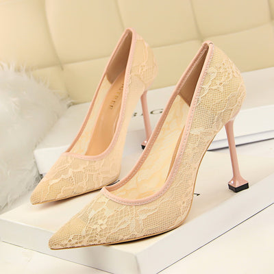 Lace Mesh Shallow Pointed High Heels