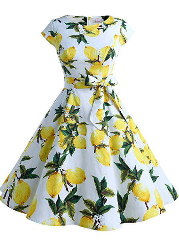 A-Line Lemon Print Short Vintage Dress