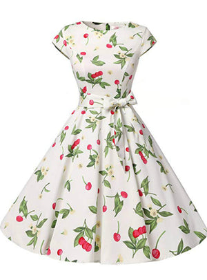 Fashion Cherry Print Cap Sleeve Vintage Dress 