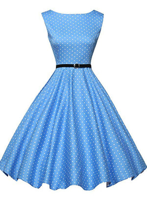 Blue Boatneck Sleeveless Vintage Tea Dress with Belt