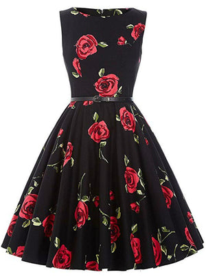 Black Rose Flower Short Vintage Dress With Sash