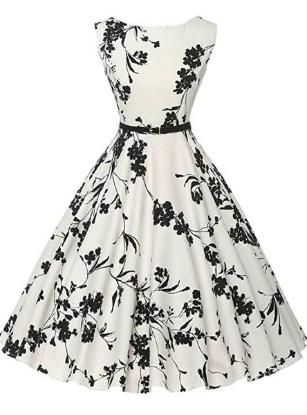 Women White Print Sleeveless Short Vintage Dress