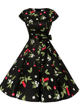 Fashion Cherry Print Cap Sleeve Vintage Dress