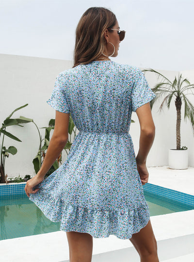 Floral Flounces Deep V-neck Short Sleeves Chiffon