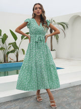 Floral V-neck Short Sleeve Printed Chiffon Dress