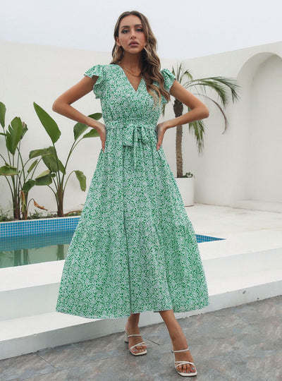 Floral V-neck Short Sleeve Printed Chiffon Dress