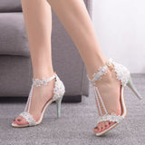 High Heel Beaded Lace Flower Rhinestone Wedding Shoes