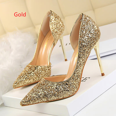 Shallow Pointed Side Hollow Sequined Shoes
