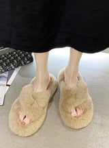 Women Fur Slippers Fashion Cross Band Warm Plush